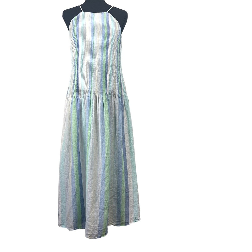 MNG Mango Linen Blend Striped Maxi Dress Blue Green Smocked Sz 6 Coastal Beach